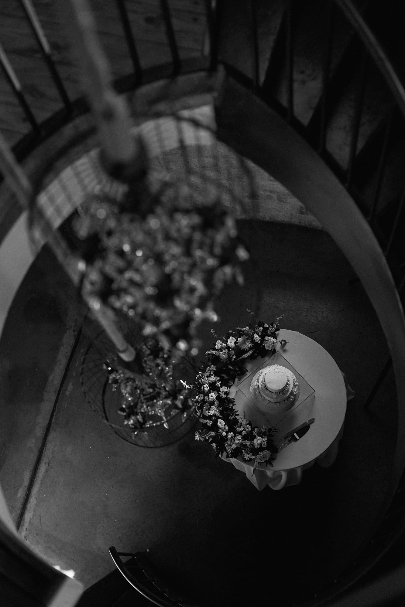 Black and white ariel view of cake at Natalie and John's Weinberg at Wixon Valley wedding