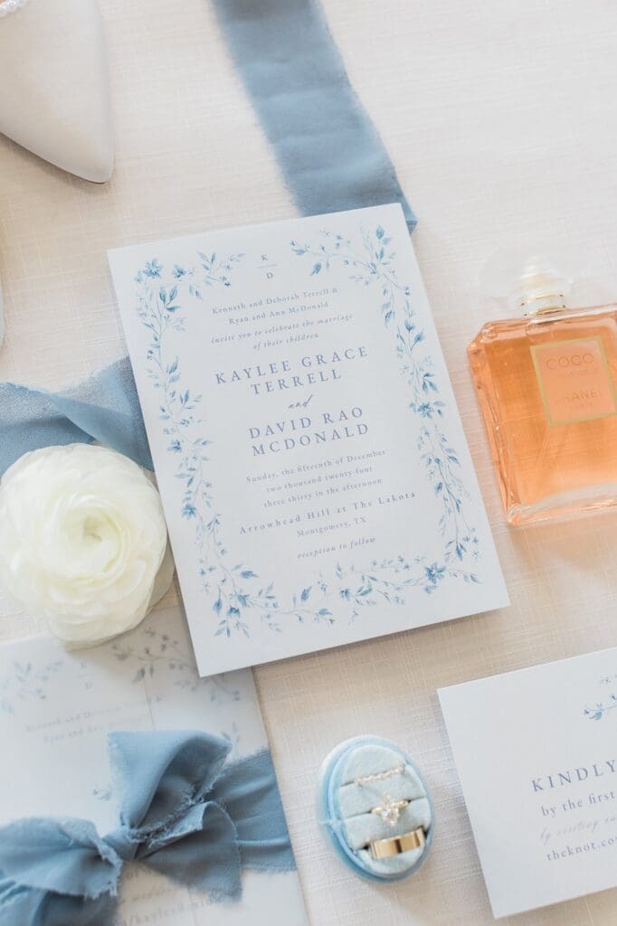 Close up shot of an elegant dusty blue floral wedding invite