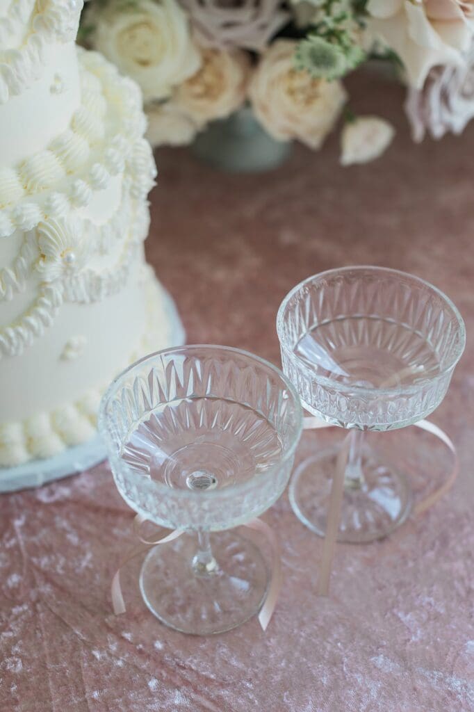 Top down view of crystal champagne glasses