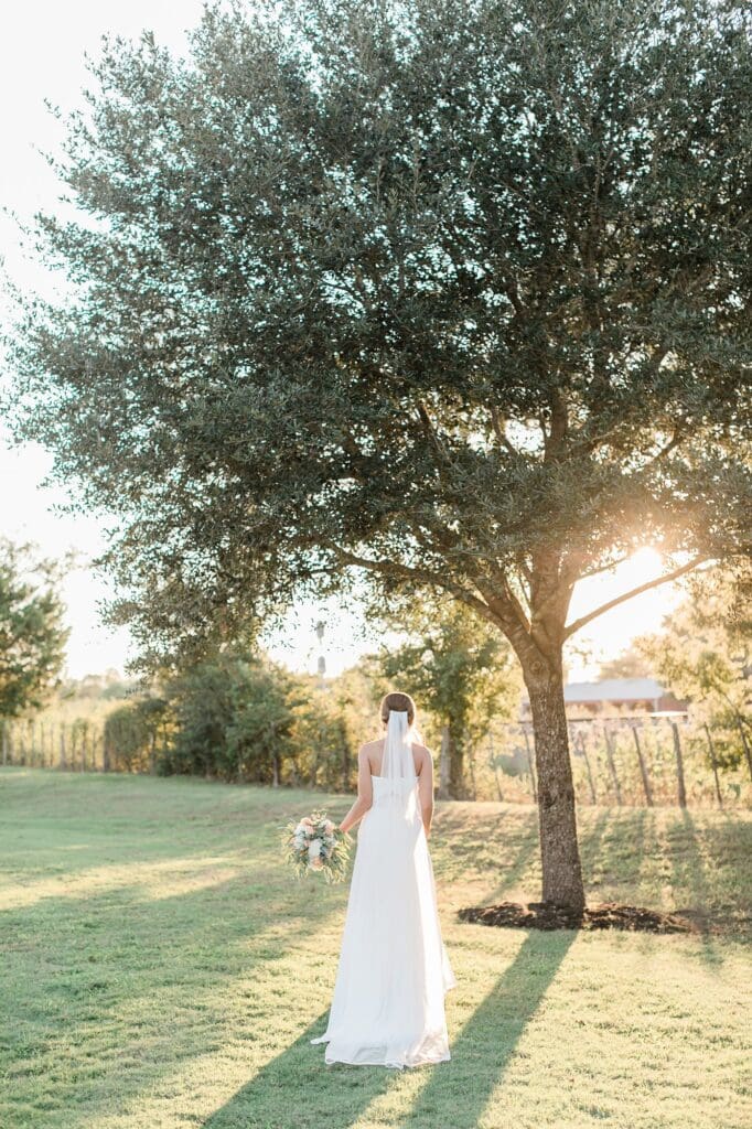Bride walking away from the camera during her bridal portraits at Olde Dobbin Station
