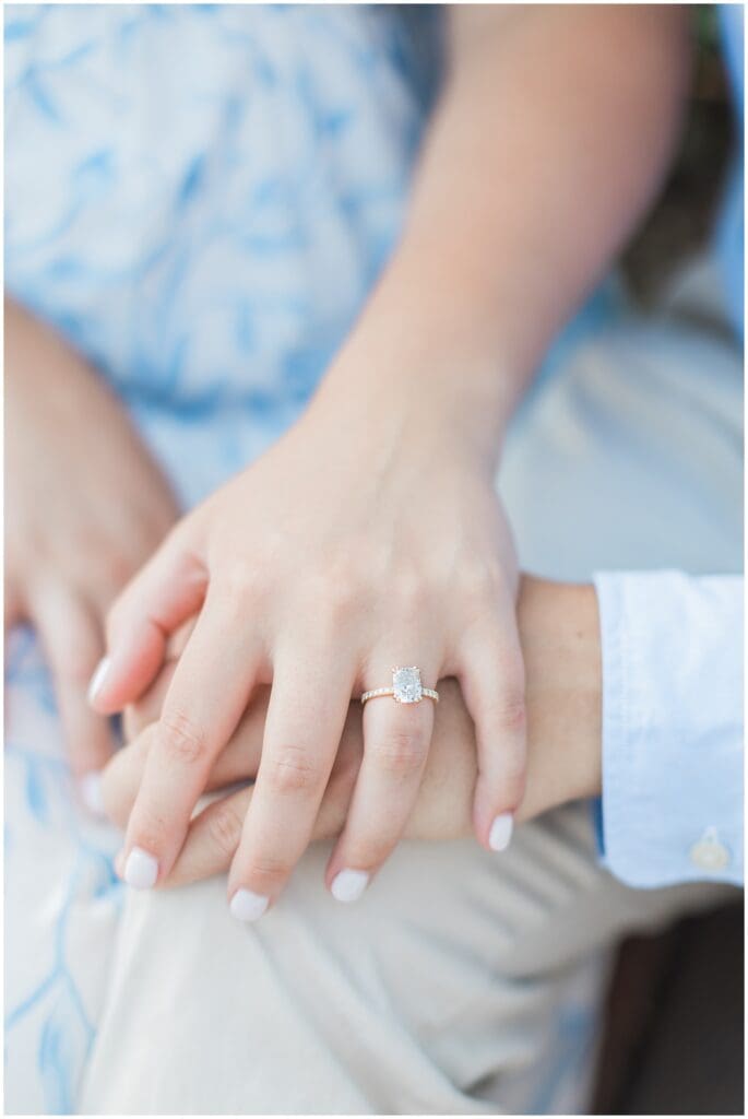 Engagement ring close up with soft greenery background at Mercer Botanic Gardens