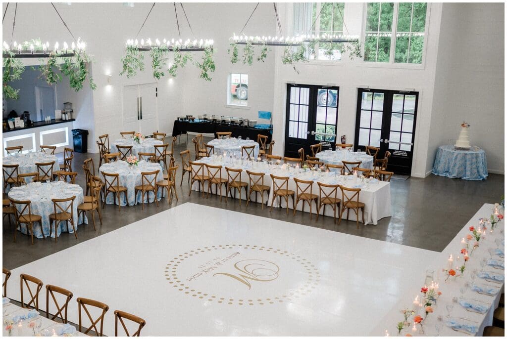 Aerial photo of reception space and dance floor at Addison Woods